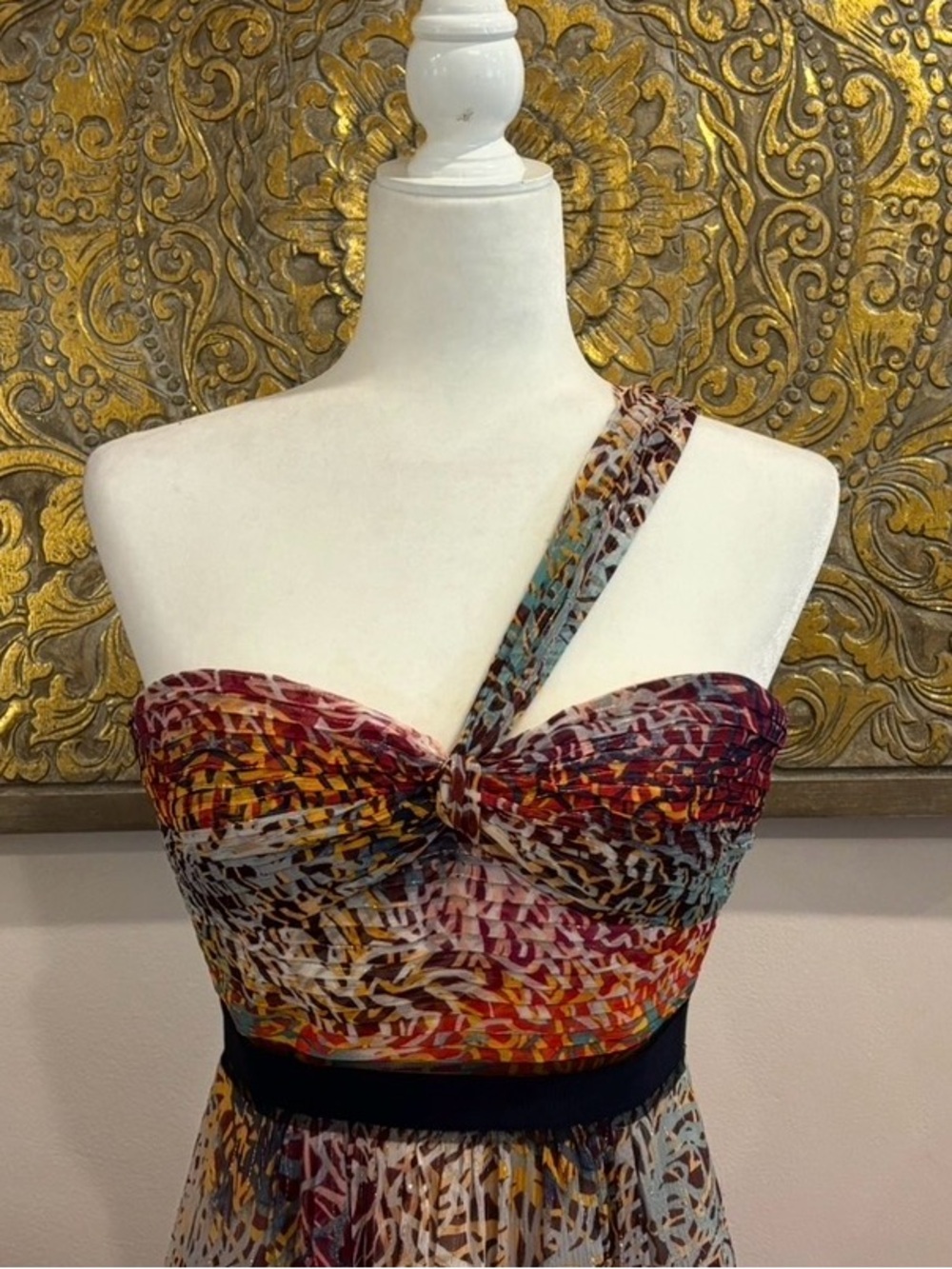 BCBG MaxAzria Irga Begonia silk & metallic one shoulder maxi floral